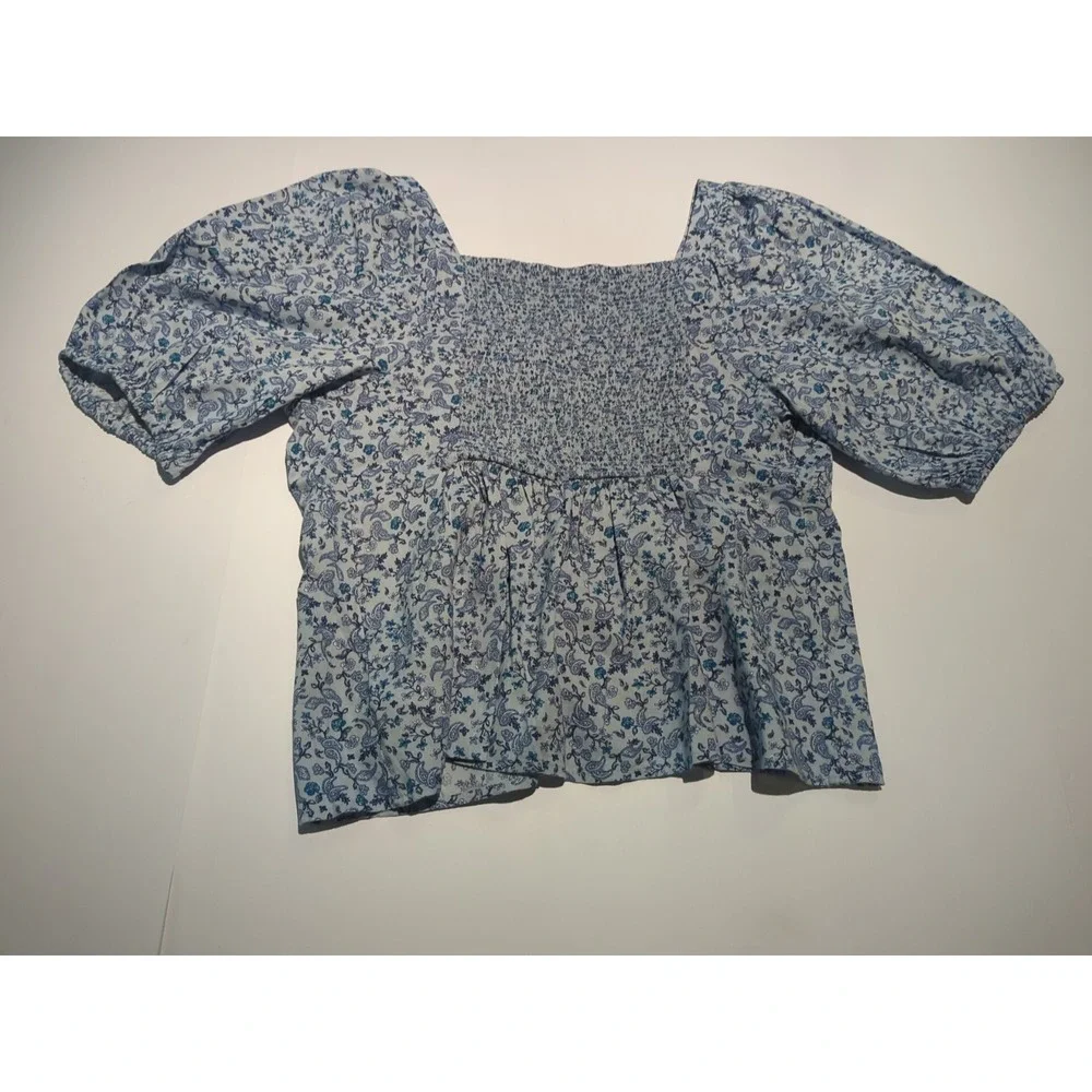 Old Navy Blue Floral Paisley Peasant Blouse L Boho Cottagecore Square Neck Blue